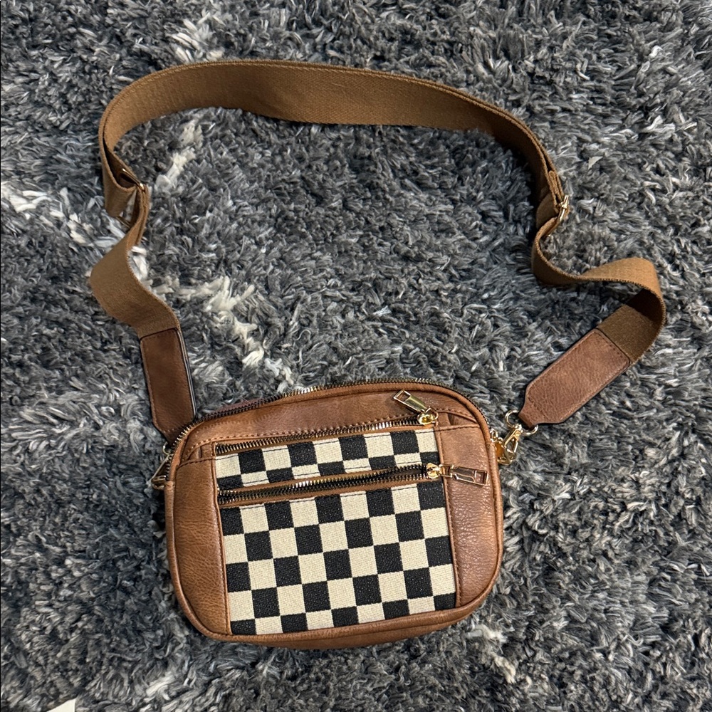 Brown Checkered Crossbody Bag